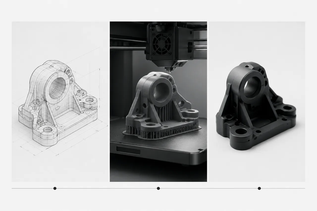 The same technical part side by side: CAD design, technical route and documented outcome