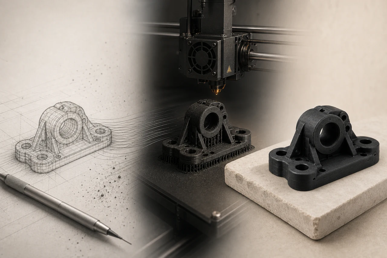 The same technical part side by side: CAD design, technical route and documented outcome